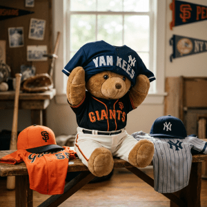 Teddy bear wearing San Francisco Giants uniform holding up New York Yankees jersey with two baseball hats and jerseys on a wooden table